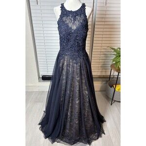 Xscape Navy Blue Lace Beaded tulle overlay Evening Gown Size 8 Formal Prom